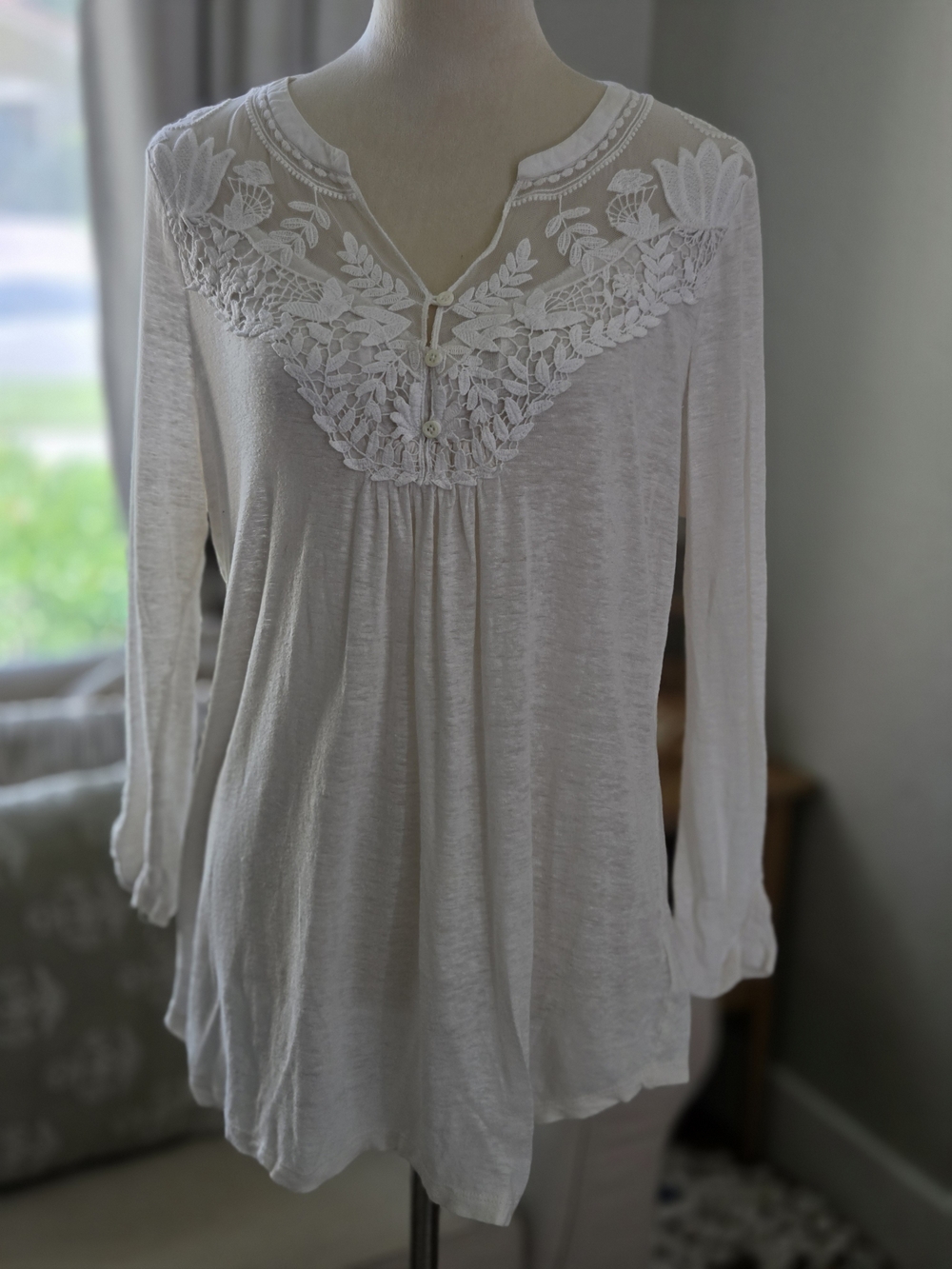 Anthropologie Cream Lace-Yoke Long Sleeve Tunic